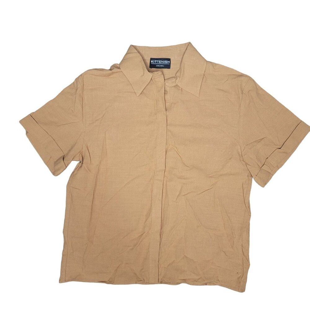 Kittenish Tan brown Short-Sleeve Button-Up Shirt XS linen cotton blend